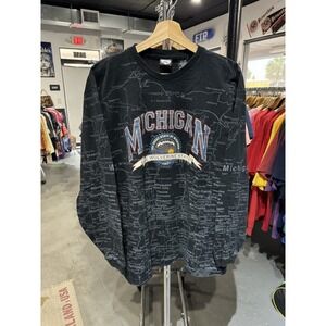 Vintage 90s Michigan USA All Over Print AOP Map Long Sleeve Shirt Size Large